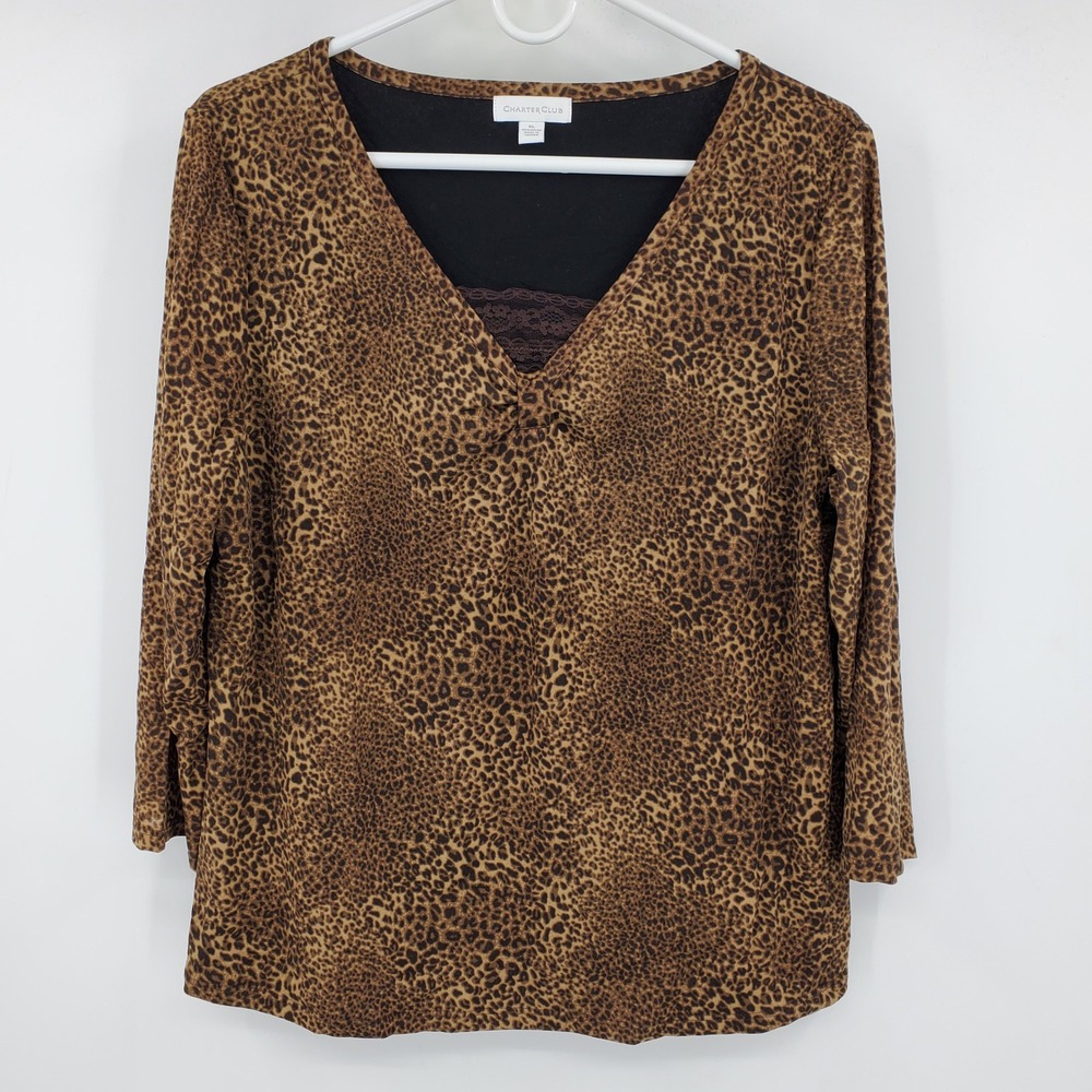 Charter Club Y2K XL Leopard Print V-Neck 3/4 Sleeve Top Lace Mesh Whimsigoth